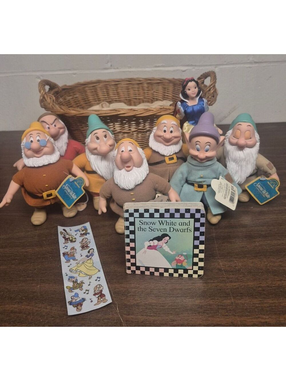 Vintage Snow White and the Seven Dwarfs Plush Doll Set with Book and Stickers